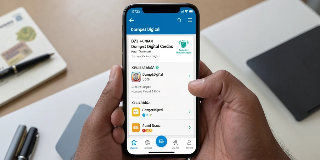 Antarmuka D73 dengan fitur transaksi Dompet Digital yang modern dan user-friendly.